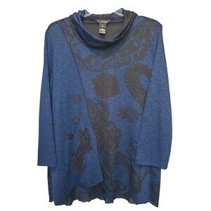 Ali Miles Blue Burnout Floral Embroidered Cowl Neck Layered Tunic Size 1X